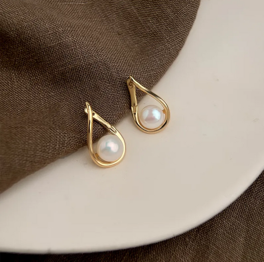 Gold Teardrop Freshwater Pearl Earrings - - 18k Gold Plated Waterproof Jewellery - Collection 9