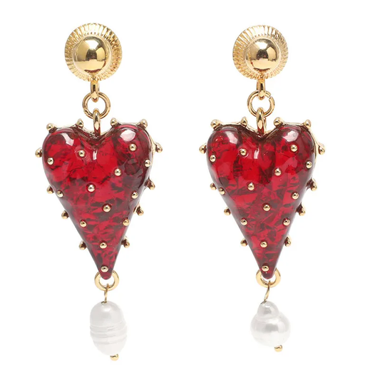 Gold Red Resin Heart Pearl Drop Earrings - Earrings - 18k Gold Plated Waterproof Jewellery - Collection 9
