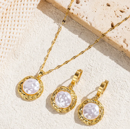 Gold White Pearl Jewellery Set - Jewellery Set - 18k Gold Plated Waterproof Jewellery - Collection 9