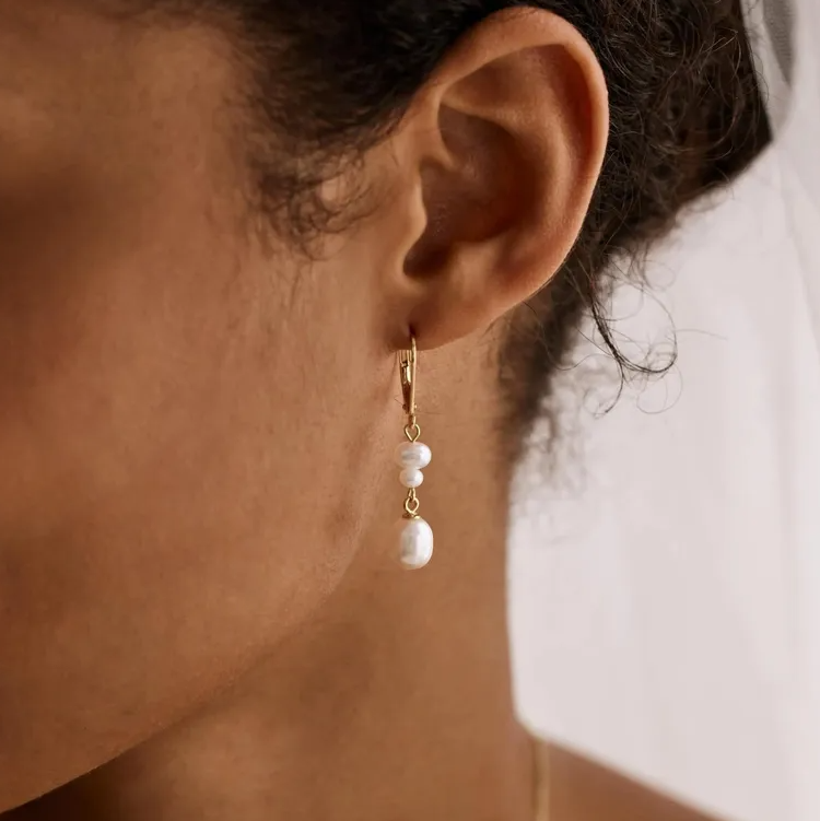 Gold Double Freshwater Pearl Huggie Earrings - - 18k Gold Plated Waterproof Jewellery - Collection 9