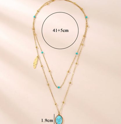 Turquoise Oval Pendant Feather Necklace