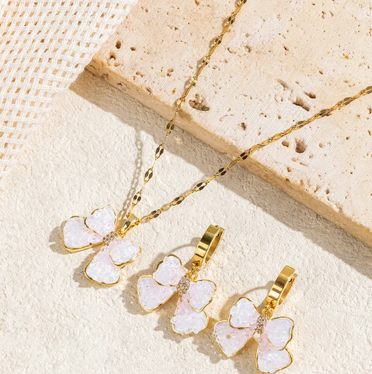 Gold White Enamel Bow Crystal Jewelry Set - - 18k Gold Plated Waterproof Jewellery - Collection 9