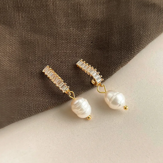 Gold Crystal Bar Freshwater Pearl Drop Earrings - - 18k Gold Plated Waterproof Jewellery - Collection 9