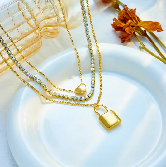Gold Crystal Layered Lock Necklace - Necklace - 18k Gold Plated Waterproof Jewellery - Collection 9