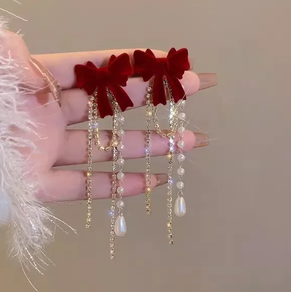 Red Velvet Bow Crystal Tassel Earrings - Earrings - 18k Gold Plated Waterproof Jewellery - Collection 9