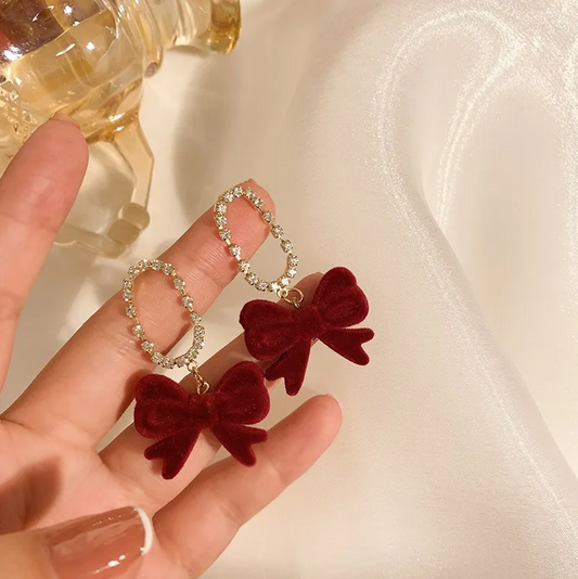 Gold Red Velvet Bow Drop Earrings - Earrings - 18k Gold Plated Waterproof Jewellery - Collection 9