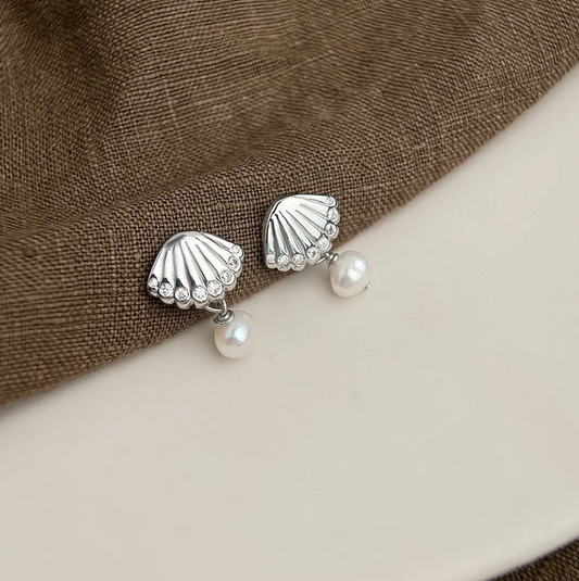Silver Shell Freshwater Pearl Drop Earrings - - 18k Gold Plated Waterproof Jewellery - Collection 9