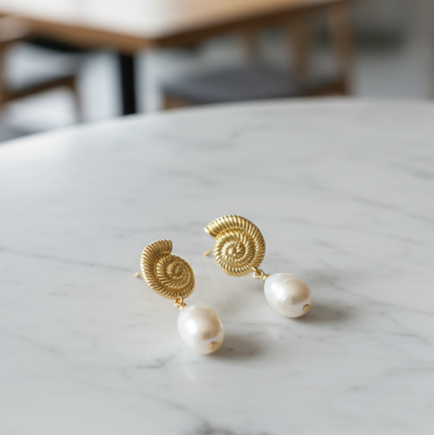 Gold Shell Freshwater Pearl Drop Earrings - - 18k Gold Plated Waterproof Jewellery - Collection 9