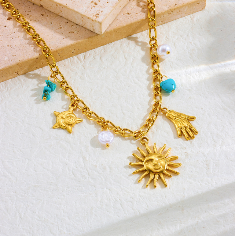 Sun Face Hamsa Turquoise Charm Necklace - Necklace - 18k Gold Plated Waterproof Jewellery - Collection 9