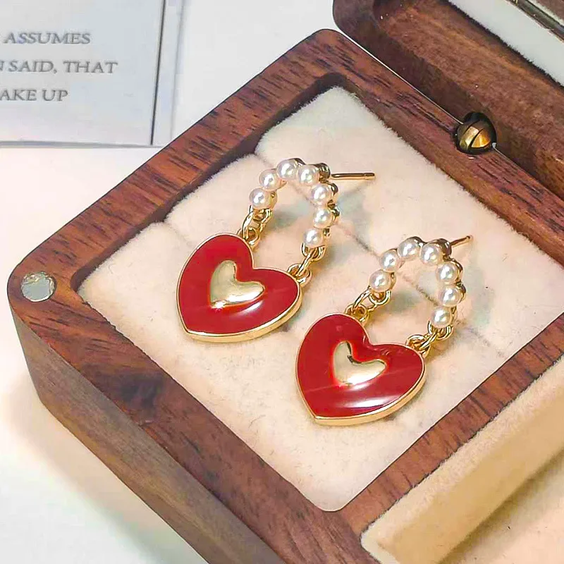 Gold Pearl Red Heart Drop Earrings - Earrings - 18k Gold Plated Waterproof Jewellery - Collection 9