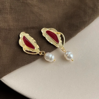Gold Red Enamel Freshwater Pearl Drop Earrings - - 18k Gold Plated Waterproof Jewellery - Collection 9
