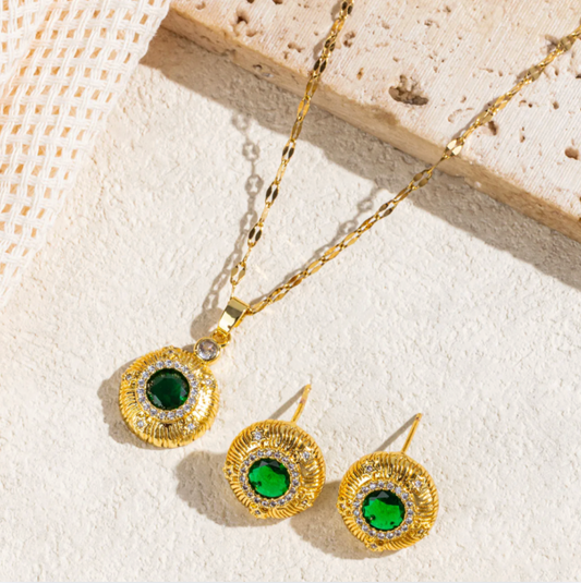 Gold Emerald Crystal Halo Jewelry Set - - 18k Gold Plated Waterproof Jewellery - Collection 9