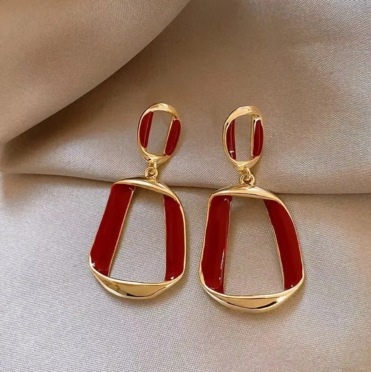 Gold Maroon Red Enamel Geometric Drop Earrings - Earrings - 18k Gold Plated Waterproof Jewellery - Collection 9