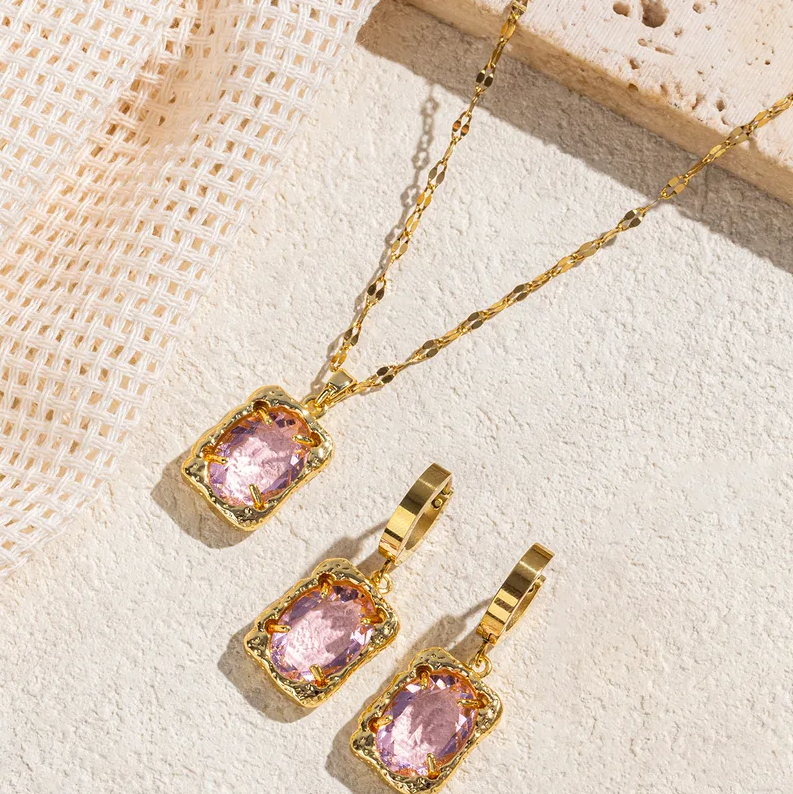 Gold Pink Crystal Jewellery Set - Jewellery Set - 18k Gold Plated Waterproof Jewellery - Collection 9