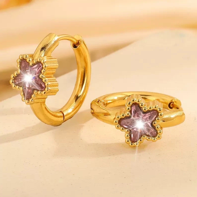 Gold Purple Crystal Star Huggie Earrings - Earrings - 18k Gold Plated Waterproof Jewellery - Collection 9
