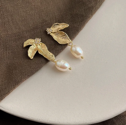 Gold Leaf Freshwater Pearl Drop Earrings - - 18k Gold Plated Waterproof Jewellery - Collection 9