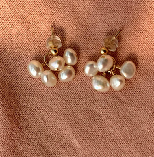 Gold Freshwater Pearl Cluster Drop Earrings - - 18k Gold Plated Waterproof Jewellery - Collection 9