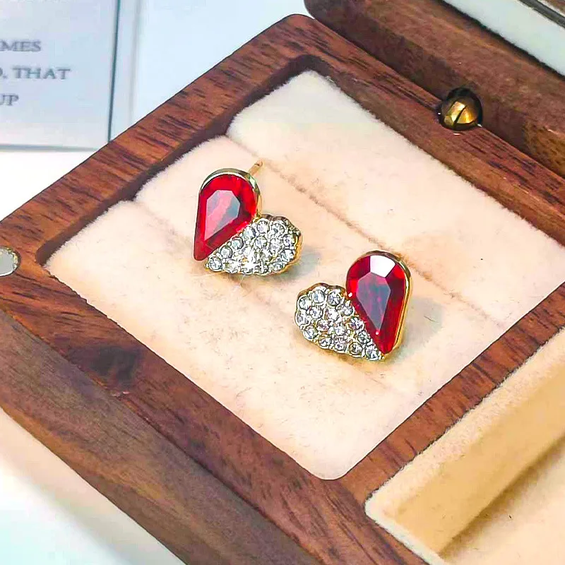Gold Red Crystal Double Heart Stud Earrings - Earrings - 18k Gold Plated Waterproof Jewellery - Collection 9