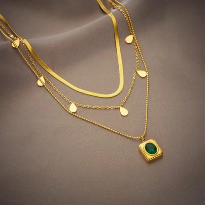 Green Gold Emerald Layered Jewellery Set - Jewellery Set - 18k Gold Plated Waterproof Jewellery - Collection 9