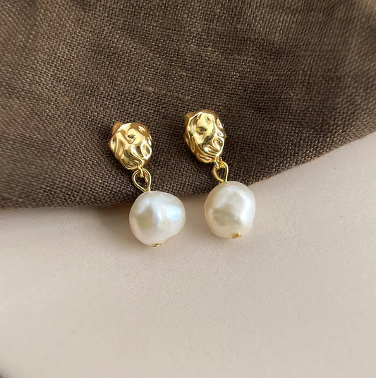 Gold Textured Disc Freshwater Pearl Drop Earrings - - 18k Gold Plated Waterproof Jewellery - Collection 9