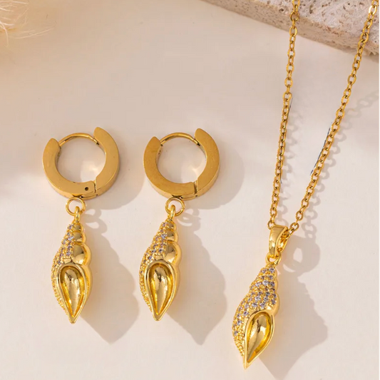 Gold Conch Shell Crystal Jewellery Set - Jewellery Set - 18k Gold Plated Waterproof Jewellery - Collection 9