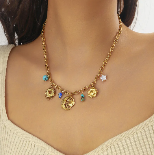 Celestial Sun Heart Flower Multi Charm Necklace - Necklace - 18k Gold Plated Waterproof Jewellery - Collection 9