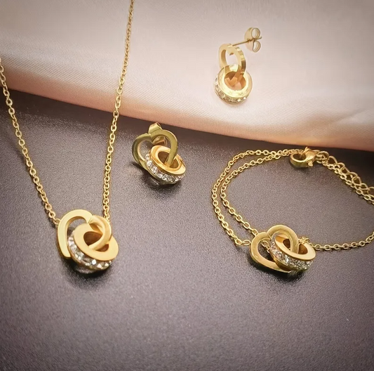 Gold Interlocking Circle Crystal Jewelry Set - - 18k Gold Plated Waterproof Jewellery - Collection 9