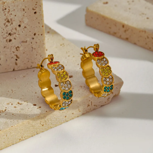 Gold Multicolor Crystal Flower Huggie Earrings - Earrings - 18k Gold Plated Waterproof Jewellery - Collection 9