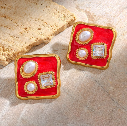 Gold Red Enamel Pearl Stud Earrings - Earrings - 18k Gold Plated Waterproof Jewellery - Collection 9