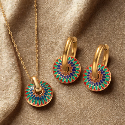 Gold Enamel Mandala Jewellery Set - Jewellery Set - 18k Gold Plated Waterproof Jewellery - Collection 9
