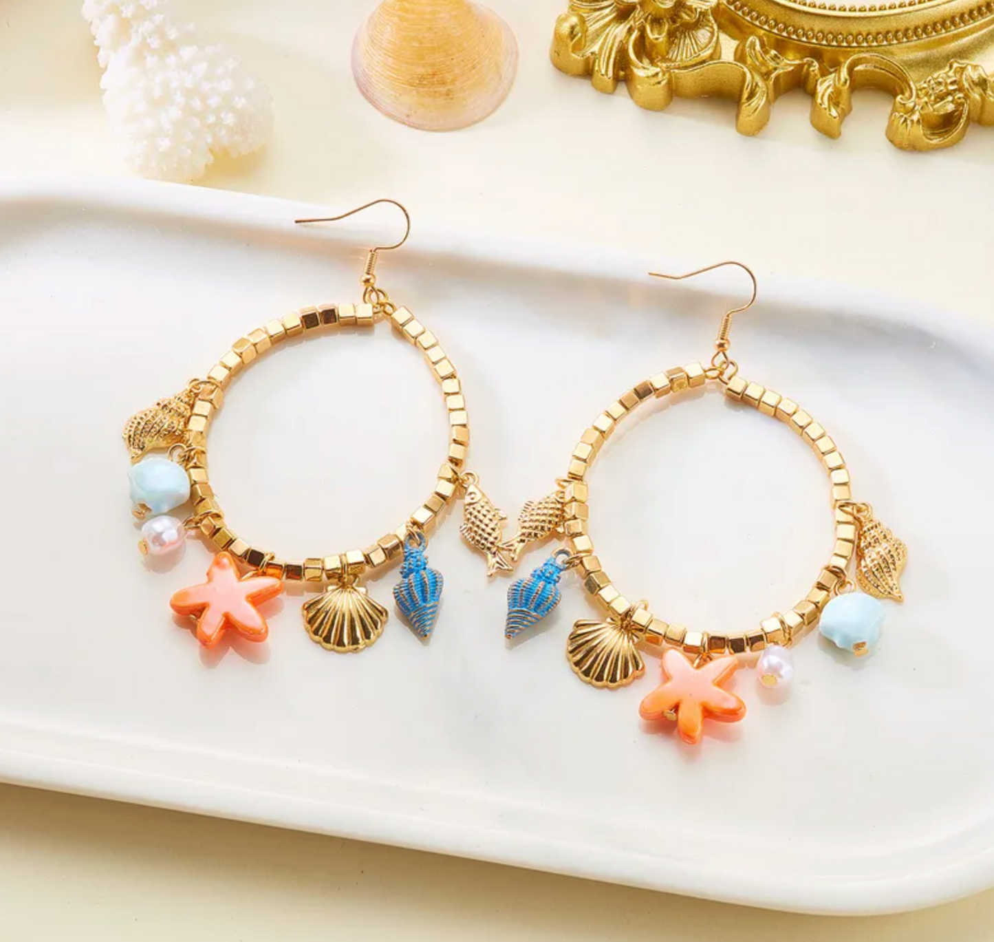 Ocean Charm Beaded Hoop Earrings
