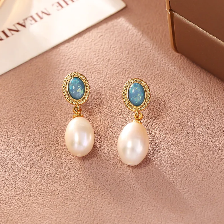 Gold Blue Stone Freshwater Pearl Drop Earrings - - 18k Gold Plated Waterproof Jewellery - Collection 9