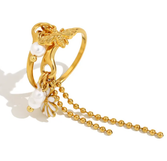 Gold Pearl Butterfly Tassel Chain Open Ring - Jewelry - 18k Gold Plated Waterproof Jewellery - Collection 9