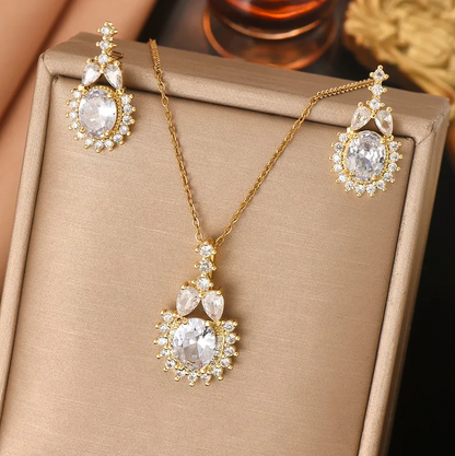 Gold Vintage White Crystal Jewellery Set - Jewellery Set - 18k Gold Plated Waterproof Jewellery - Collection 9