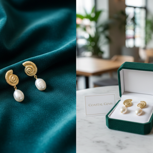 Gold Shell Freshwater Pearl Drop Earrings - - 18k Gold Plated Waterproof Jewellery - Collection 9