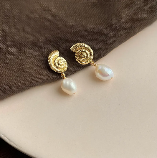 Gold Shell Freshwater Pearl Drop Earrings - - 18k Gold Plated Waterproof Jewellery - Collection 9