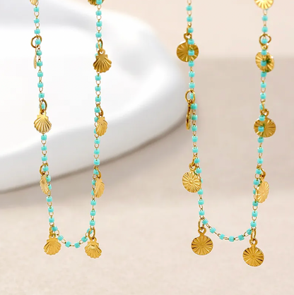 Turquoise Beaded Shell Charm Necklace
