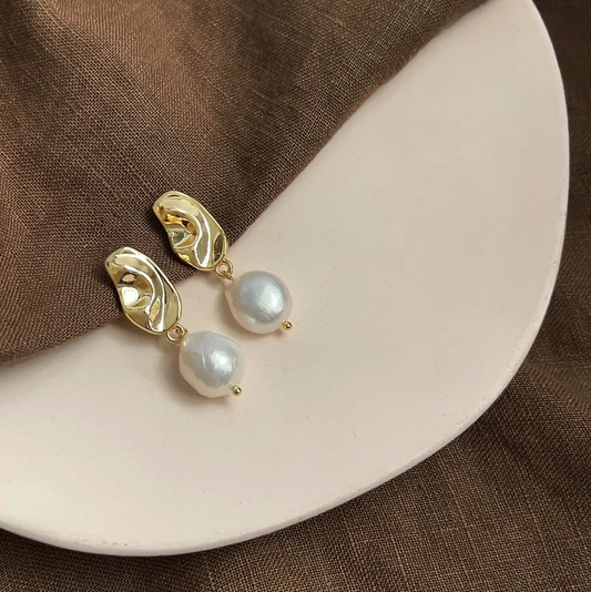 Gold Crescent Moon Freshwater Pearl Drop Earrings - - 18k Gold Plated Waterproof Jewellery - Collection 9