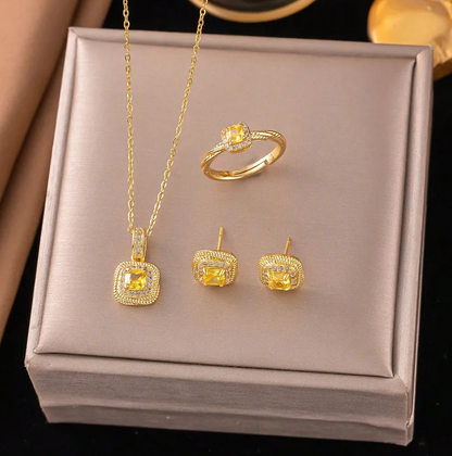 Gold Yellow Crystal Jewellery Set - Jewellery Set - 18k Gold Plated Waterproof Jewellery - Collection 9
