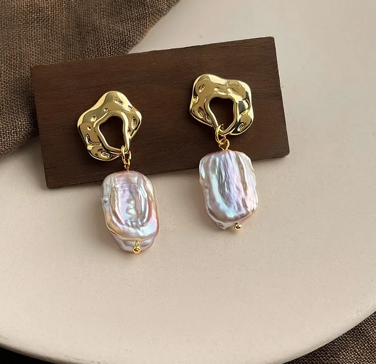 Gold Abstract Baroque Freshwater Pearl Drop Earrings - - 18k Gold Plated Waterproof Jewellery - Collection 9