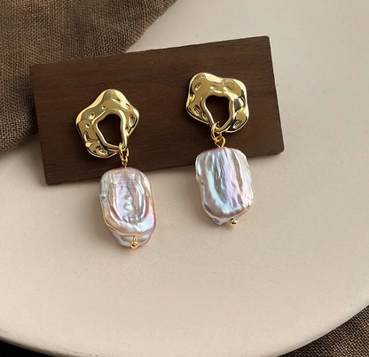 Gold Abstract Baroque Freshwater Pearl Drop Earrings - - 18k Gold Plated Waterproof Jewellery - Collection 9