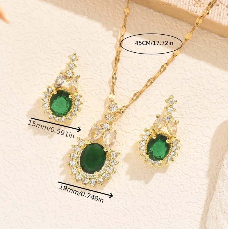 Gold Emerald Crystal Crown Halo Jewelry Set - - 18k Gold Plated Waterproof Jewellery - Collection 9