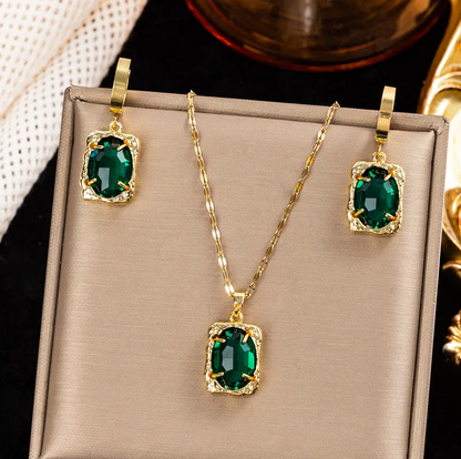 Gold Emerald Green Vintage Jewellery Set - Jewellery Set - 18k Gold Plated Waterproof Jewellery - Collection 9