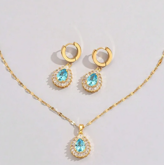 Gold Aqua Blue Crystal Teardrop Jewelry Set - - 18k Gold Plated Waterproof Jewellery - Collection 9