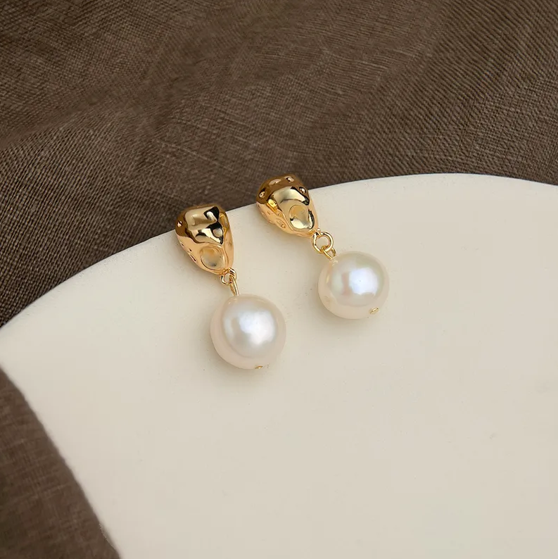 Gold Huggie Freshwater Pearl Drop Earrings - - 18k Gold Plated Waterproof Jewellery - Collection 9