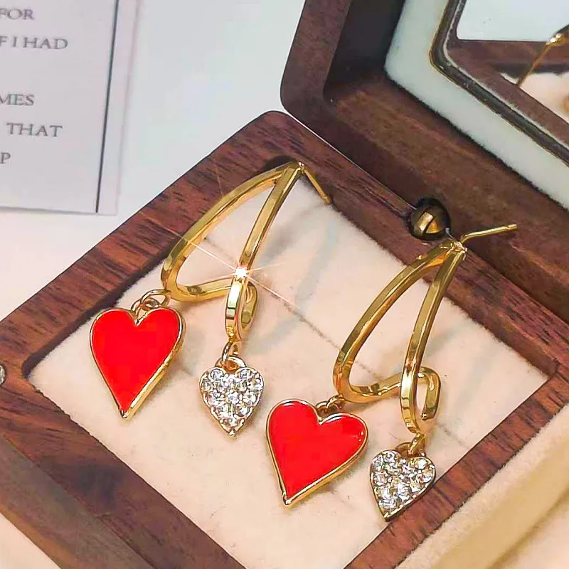 Gold Red Enamel Double Heart Drop Earrings - Earrings - 18k Gold Plated Waterproof Jewellery - Collection 9