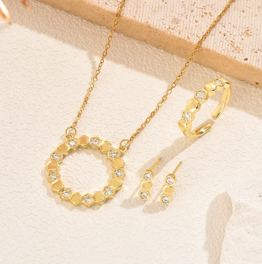 Gold Hexagon Crystal Jewellery Set - Jewellery Set - 18k Gold Plated Waterproof Jewellery - Collection 9