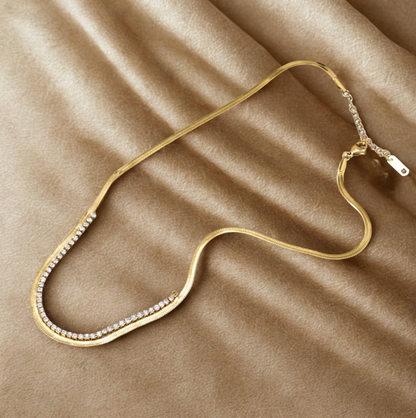 Gold Herringbone Chain with Crystal Accents - Necklace - 18k Gold Plated Waterproof Jewellery - Collection 9