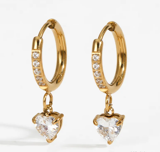 Gold Crystal Heart Huggie Drop Earrings - - 18k Gold Plated Waterproof Jewellery - Collection 9