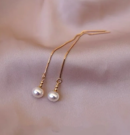 Gold Freshwater Pearl Threader Earrings - - 18k Gold Plated Waterproof Jewellery - Collection 9